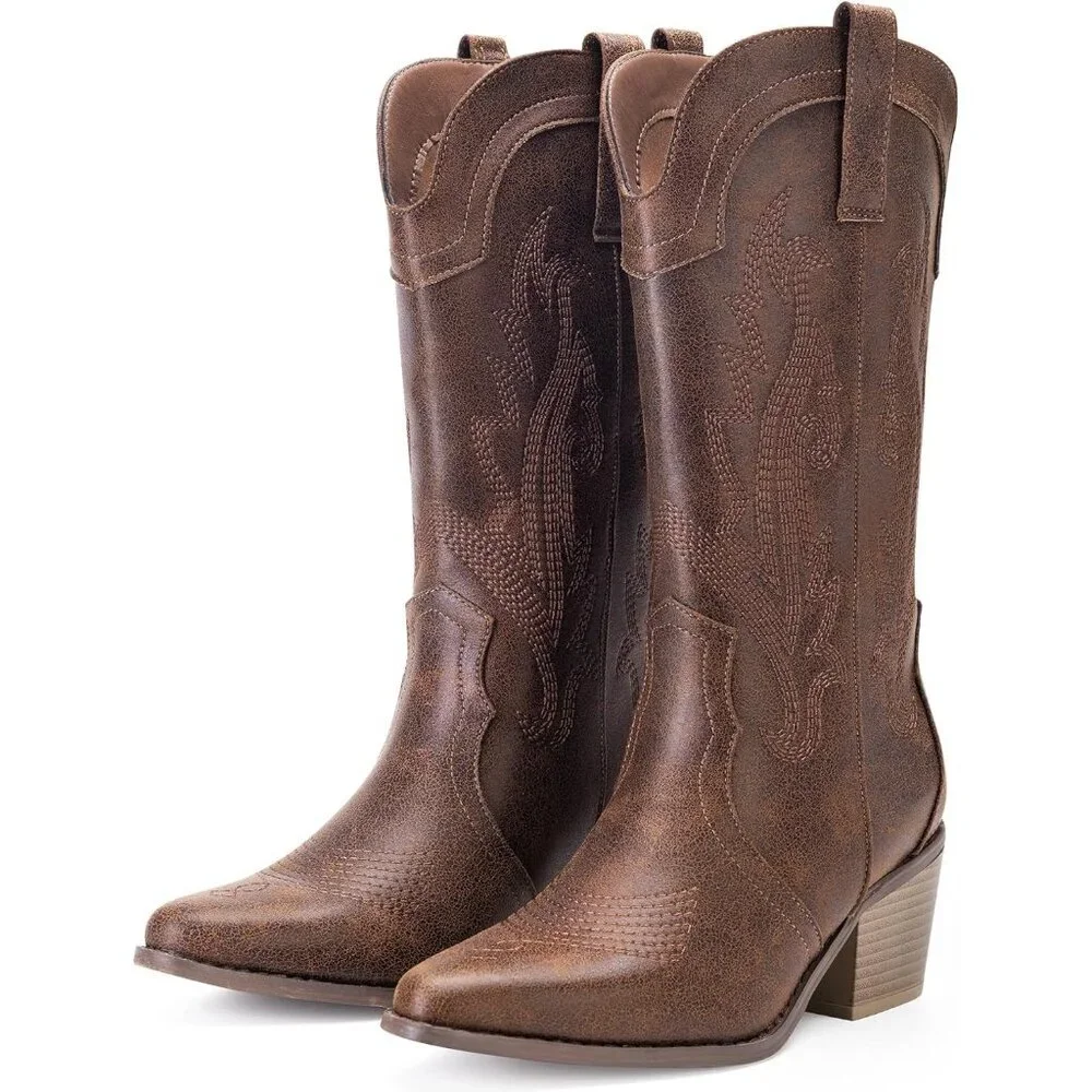Women's Vintage Brown Pointed Toe Western Boots Embroidered Mid-calf Block Heel - Picture 6 of 7
